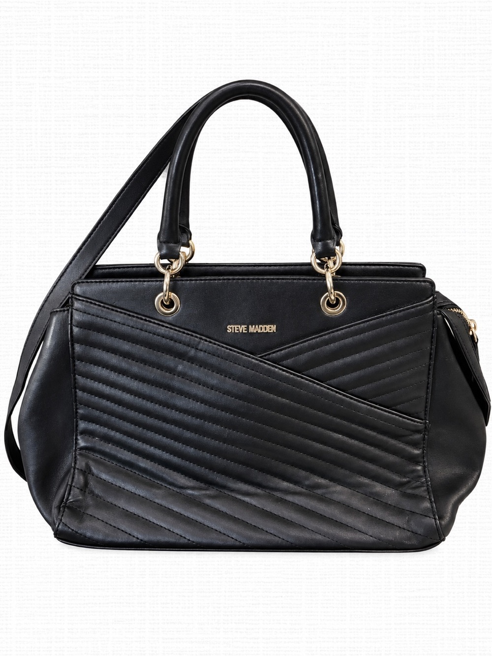 Steve Madden Black Quilted Satchel Handbag Gold Hardware Crossbody Strap